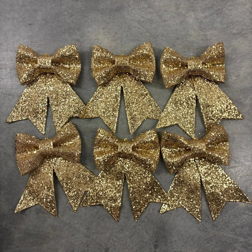 Set of 6 Gold Glitter Christmas Bow Ornaments 9